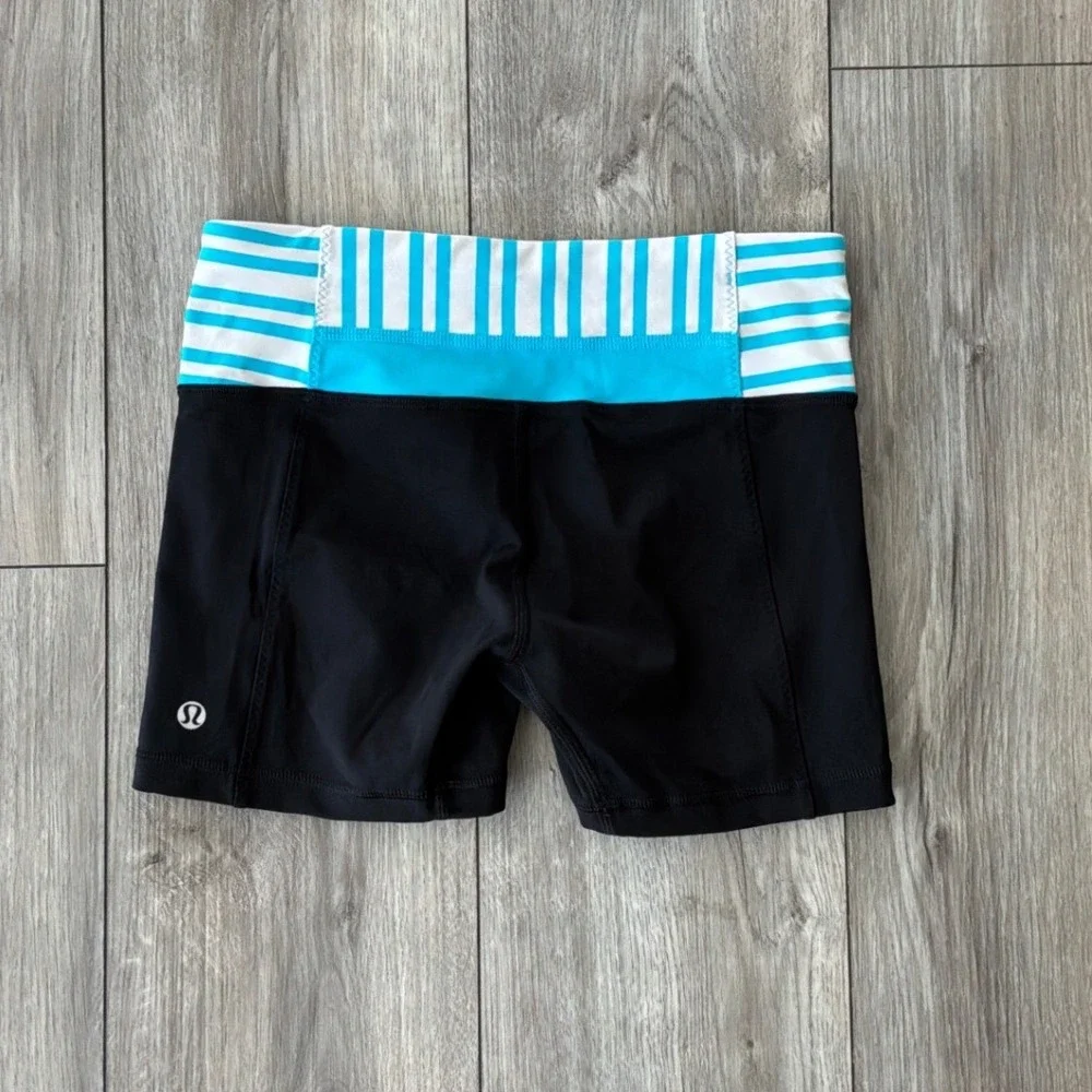 Lululemon Turbo Run‎ Shorts Black Teal Striped Waistband Low Rise Zip Pocket 4